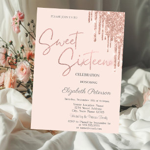 Invitation Rose Gold Paillettes Gouttes Fard Rose Douce 16 