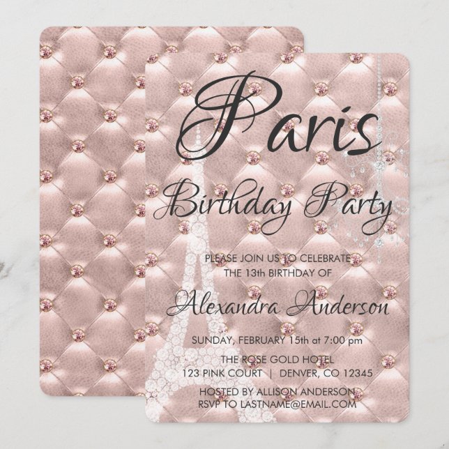 Invitation Rose Gold Paris Blush rose fête d'anniversaire (Devant / Derrière)