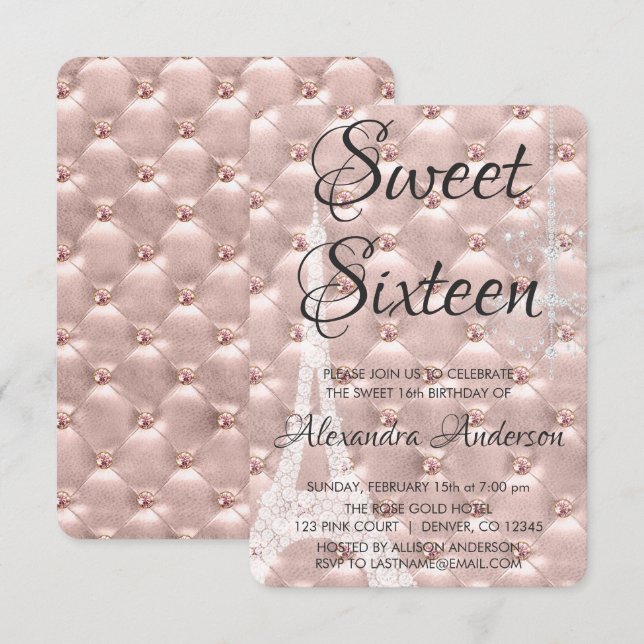 Invitation Rose Gold Paris Sweet sixteen fête d'anniversaire (Devant / Derrière)