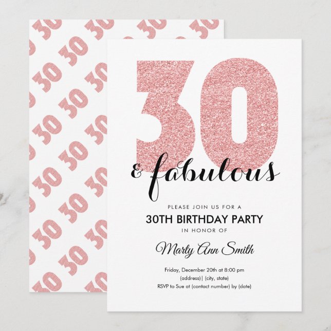 Invitation Rose Gold Parties scintillant 30 et fabuleuse fête (Devant / Derrière)