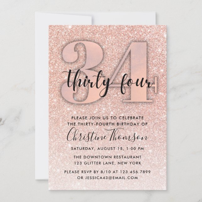 Invitation Rose Gold Parties scintillant 34e anniversaire Inv (Devant)