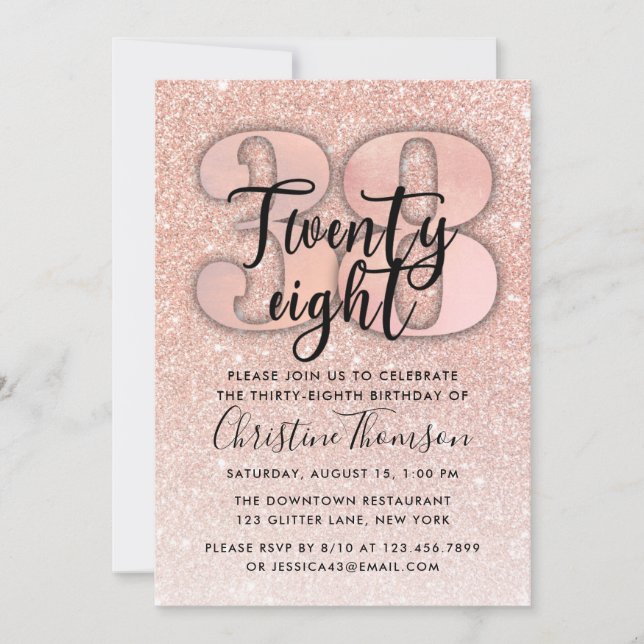 Invitation Rose Gold Parties scintillant 38e anniversaire Inv (Devant)