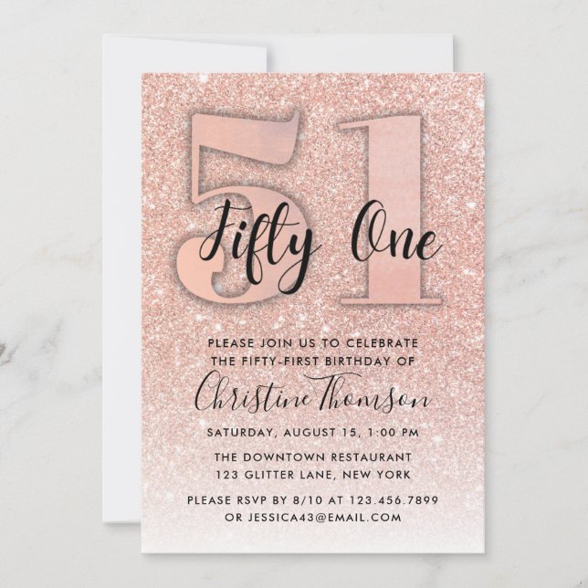 Invitation Rose Gold Parties scintillant 51ème anniversaire I (Devant)