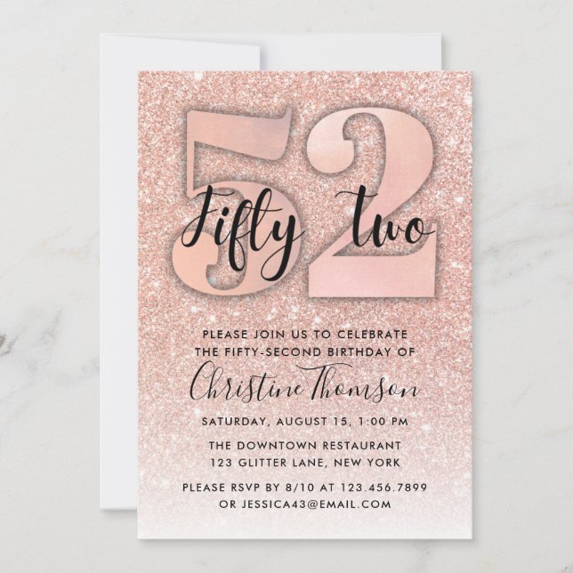 Invitation Rose Gold Parties scintillant 52ème anniversaire I (Devant)