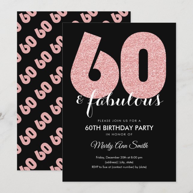 Invitation Rose Gold Parties scintillant 60 et fabuleuse fête (Devant / Derrière)