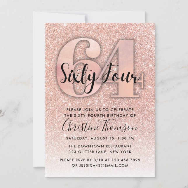 Invitation Rose Gold Parties scintillant 64e anniversaire Inv (Devant)