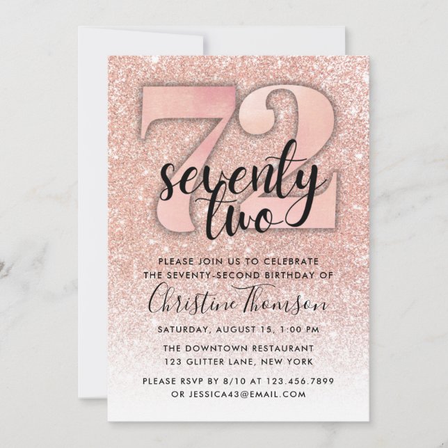 Invitation Rose Gold Parties scintillant 72e anniversaire Inv (Devant)
