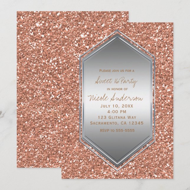 Invitation Rose Gold Parties scintillant Argent Anniversaire  (Devant / Derrière)