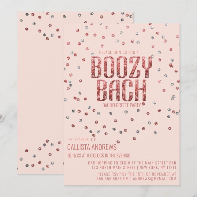 Invitation Rose Gold Parties scintillant Argent Confetti Bach (Devant / Derrière)