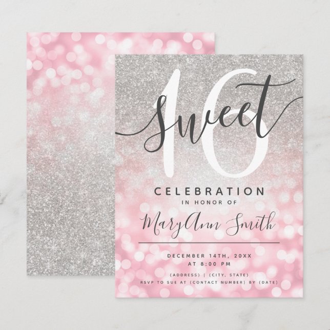 Invitation Rose Gold Parties scintillant argent Glam Lights 1 (Devant / Derrière)