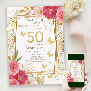 Invitation Rose Gold Parties scintillant Butterfies rose 50e 