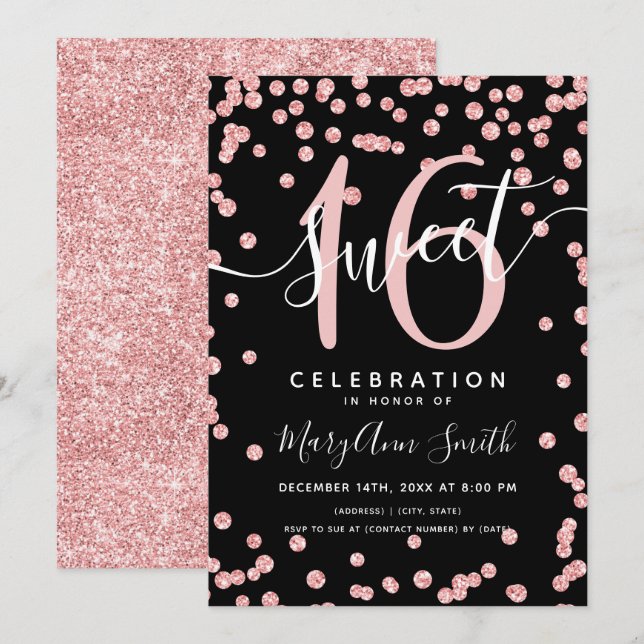 Invitation Rose Gold Parties scintillant Confetti 16e anniver (Devant / Derrière)