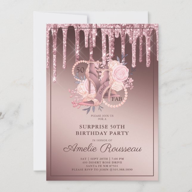 Invitation Rose Gold Parties scintillant Drips 50e anniversai (Devant)