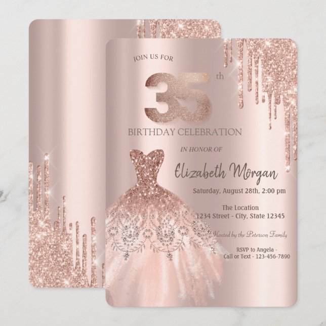 Invitation Rose Gold Parties scintillant Drips robe 35e anniv (Devant / Derrière)