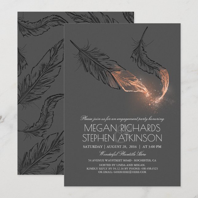 Invitation Rose Gold Parties scintillant Feathers Engagement (Devant / Derrière)