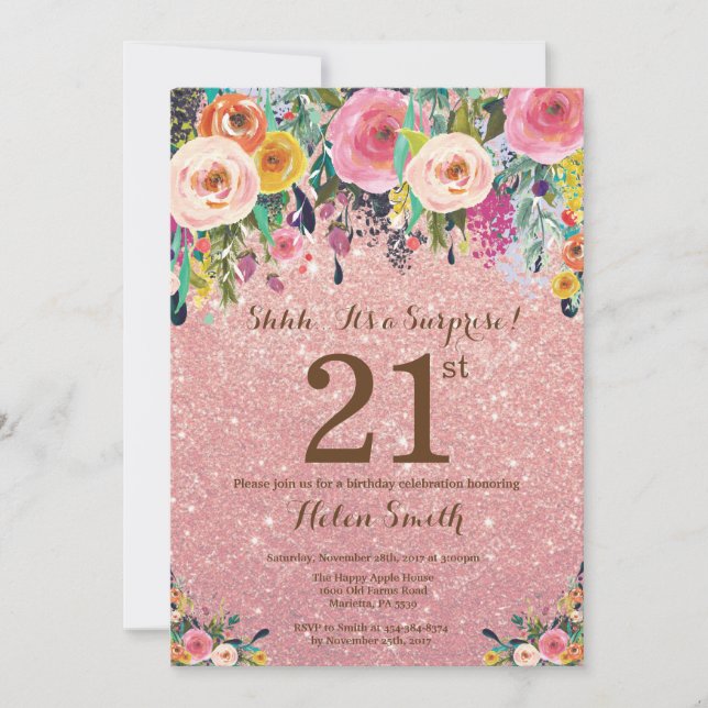Invitation Rose Gold Parties scintillant Floral Surprise 21e  (Devant)