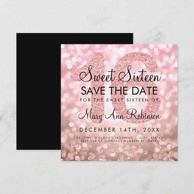 Invitation Rose Gold Parties scintillant Lights Sweet 16 Enre (Devant / Derrière)