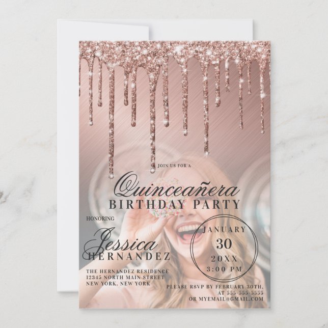 Invitation Rose Gold Parties scintillant métalliques perches  (Devant)