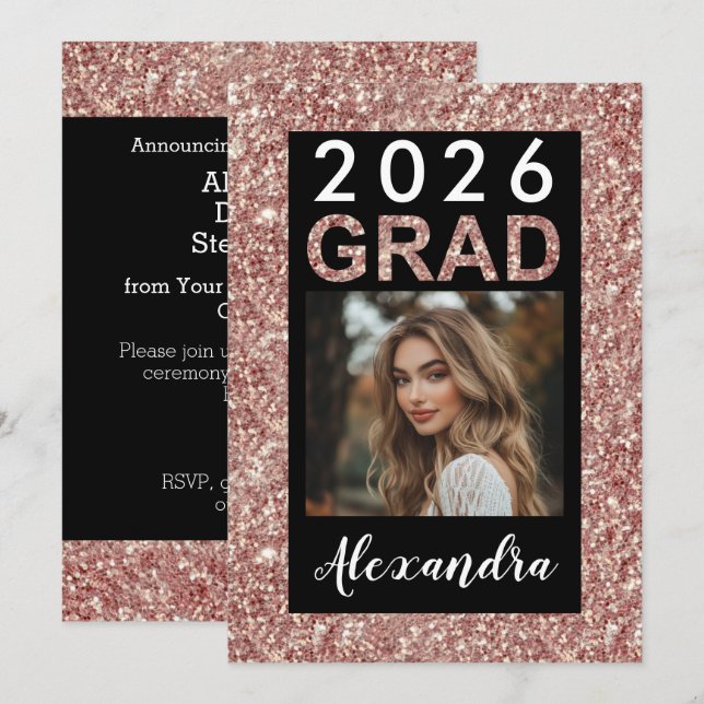 Invitation Rose Gold Parties scintillant Moderne 2021 Diplôme (Devant / Derrière)