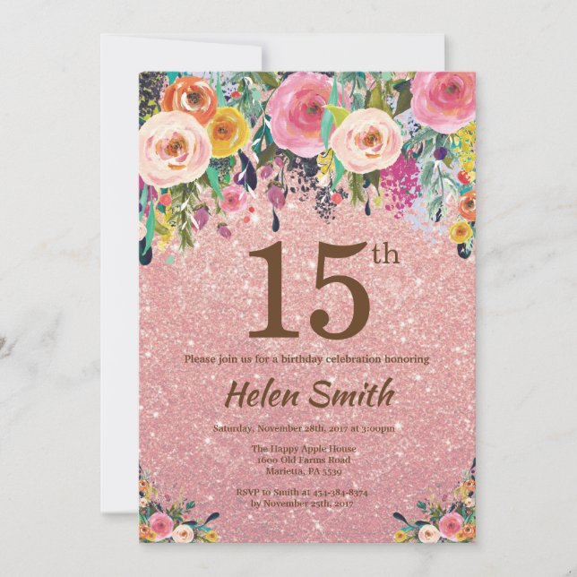 Invitation Rose Gold Parties scintillant Pink Floral 15e anni (Devant)