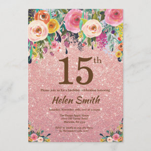 Invitation Rose Gold Parties scintillant Pink Floral 15e anni