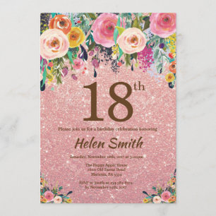 Invitation Rose Gold Parties scintillant Pink Floral 18e anni