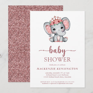 Invitation Rose Gold Parties scintillant Princesse Elephant B