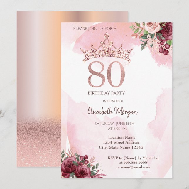 Invitation Rose Gold Parties scintillant Roses Couronne 80e f (Devant / Derrière)