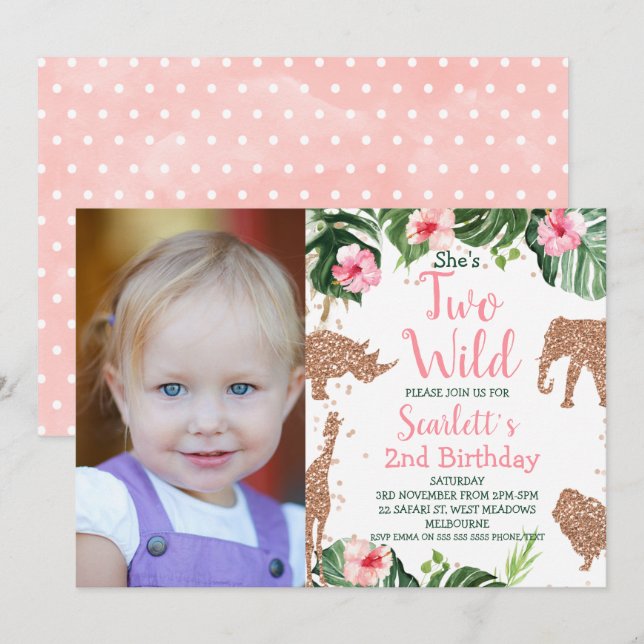 Invitation Rose Gold Parties scintillant Safari photo Deux An (Devant / Derrière)