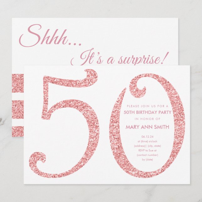 Invitation Rose Gold Parties scintillant Surprise 50e anniver (Devant / Derrière)