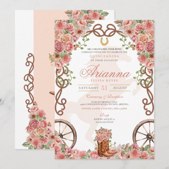 Invitation Rose Gold Pays Western Charro Ranch Quinceanera (Devant / Derrière)