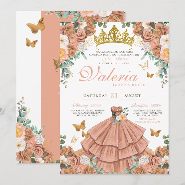 Invitation Rose Gold Peach Princess Butterfly Quinceanera (Devant / Derrière)