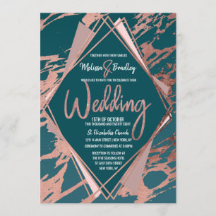 Invitation Rose Gold Peacock Turquoise Marbre Diamant Mariage