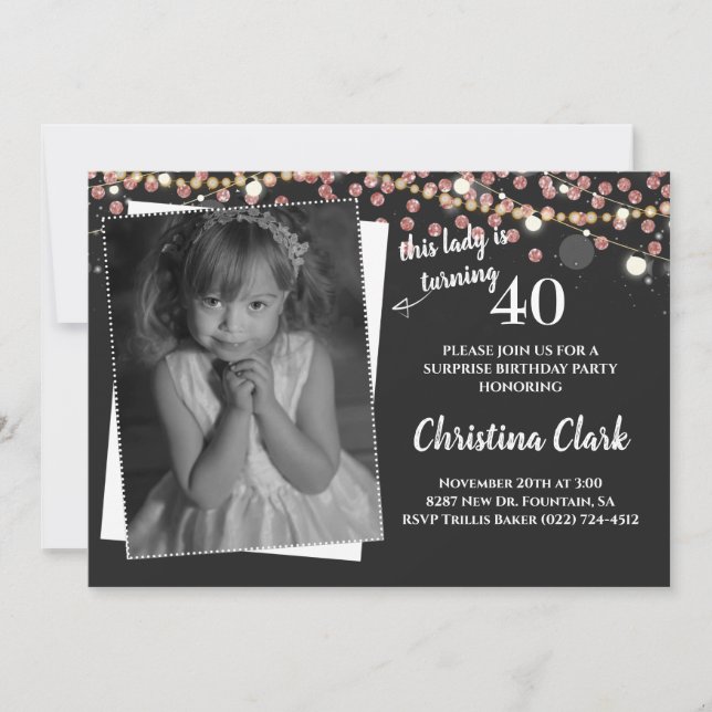 Invitation Rose Gold Photo personnalisée Femmes adultes Anniv (Devant)