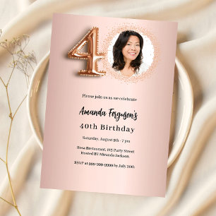 Invitation rose gold photo pour 40 ans