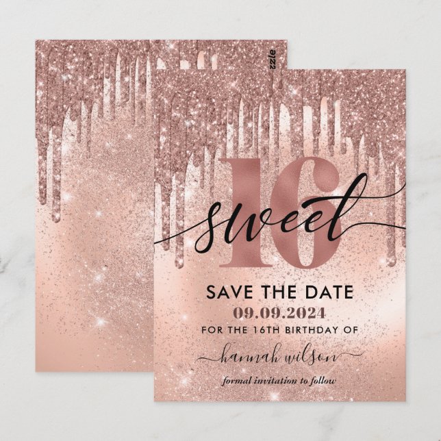 Invitation rose gold pour fête des 16 ans Enregist (Devant / Derrière)