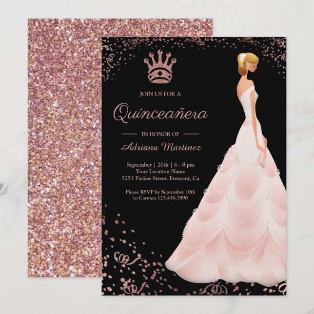 Invitation Rose Gold Princesse robe Black Quinceanera (Devant / Derrière)