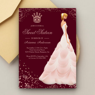 Invitation Rose Gold Princesse robe Bourgogne Sweet sixteen