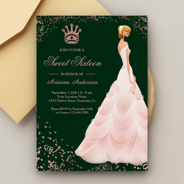 Invitation Rose Gold Princesse Robe Sweet sixteen vert (Créateur téléchargé)