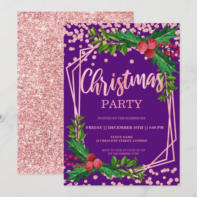Invitation Rose Gold Purple Holly Parties scintillant Confett (Devant / Derrière)
