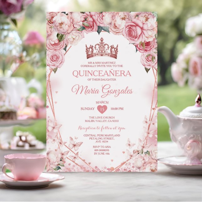 Invitation Rose Gold Quinceañera Crown Butterfly 15 Anos (Créateur téléchargé)