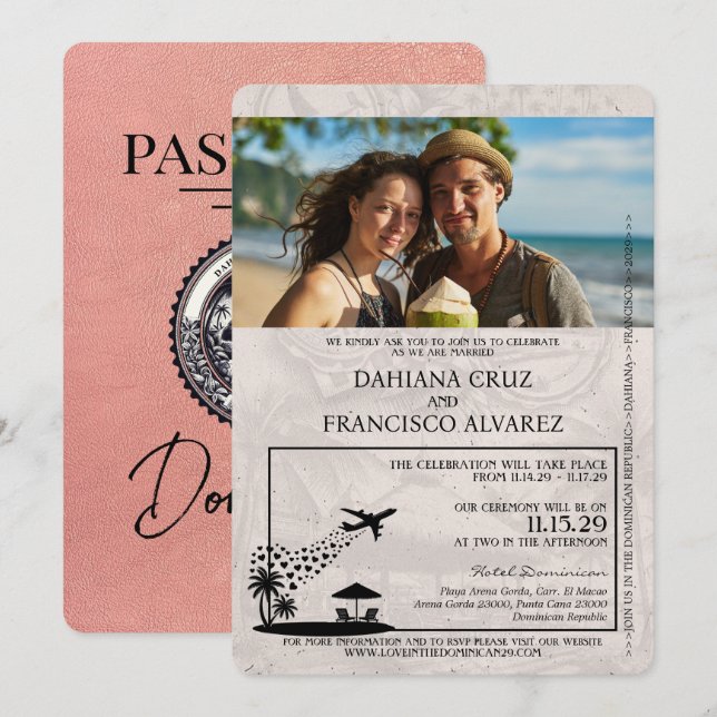 Invitation Rose Gold République dominicaine Mariage de passep (Devant / Derrière)