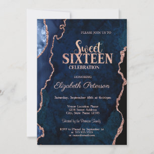 Invitation Rose Gold Rose 16 Bleu Agate Marbre