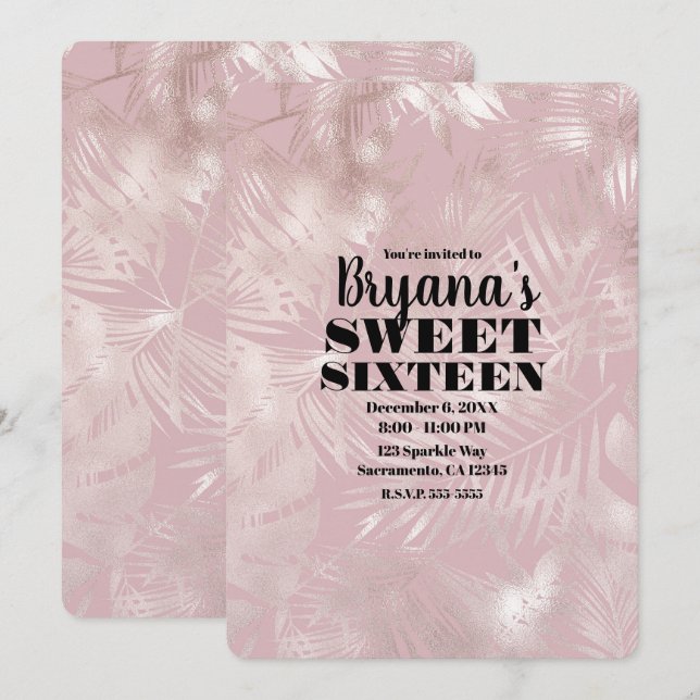 Invitation Rose Gold Rose Botanique Tropical Palm Sweet 16 (Devant / Derrière)