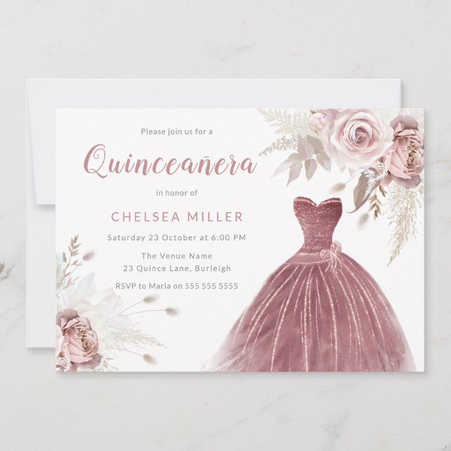 Invitation Rose Gold, Rose Dusty & Blush Quinceanera (Devant)