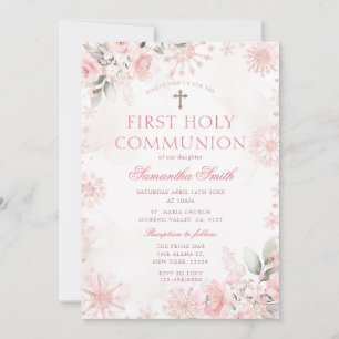 Invitation Rose Gold Rose Florale Première Sainte Communion d