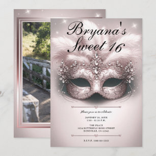 Invitation Rose Gold Rose Mascarade Photo Anniversaire 16 Ans
