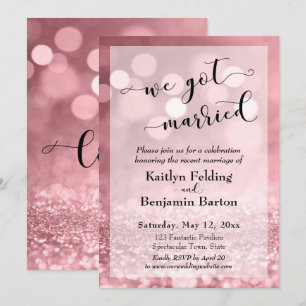 Invitation Rose Gold Rose Pailleté Bokeh Nous sommes mariés