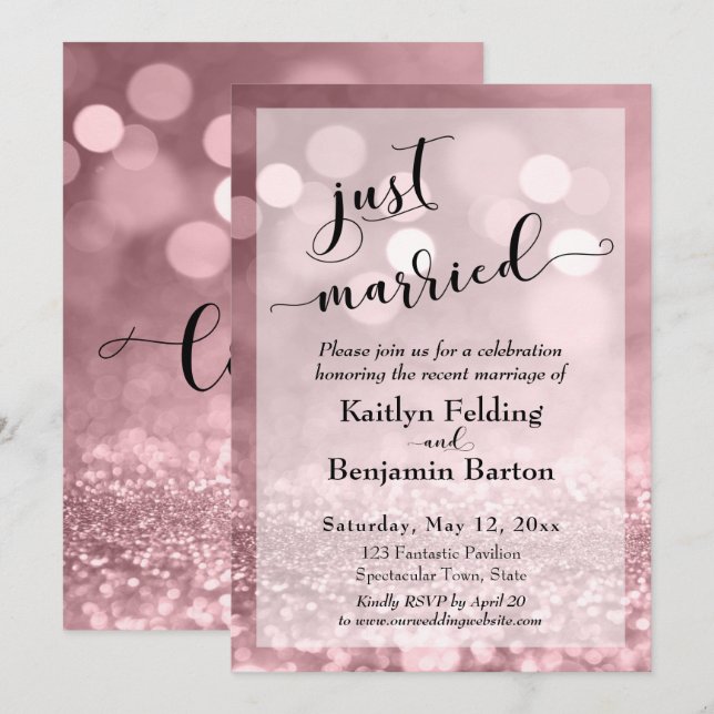 Invitation Rose Gold Rose Paillettes Nous sommes mariés (Devant / Derrière)
