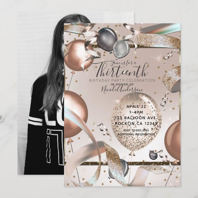 Invitation Rose Gold Rose Parties scintillant Ballons Anniver (Devant / Derrière)